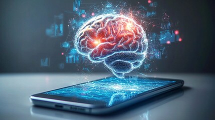 Smartphone with social network concept with brain virtual screen illustration