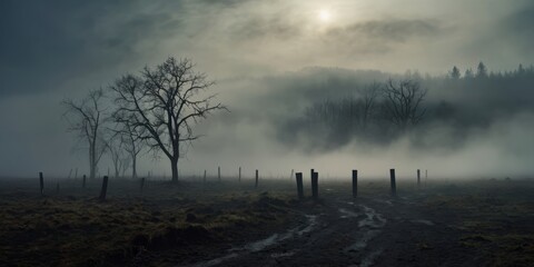 Misty Landscape with Faint Light and Shadows Creating an Eerie Atmosphere