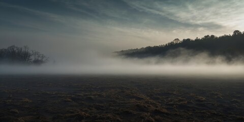 Fototapeta premium Thick Fog Rolling Over an Empty Landscape with Dim Light and Long Shadows