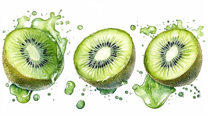 Set of kiwi and water splash isolated on white background