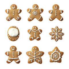 A collection of gingerbread cookies, featuring playful designs like snowflakes and smiling faces, arranged in a 3x3 grid on a black background.