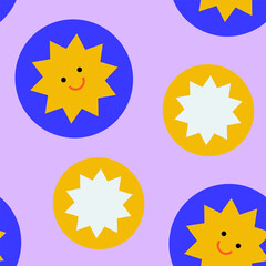 retro funky double star bright smile face in circle seamless pattern