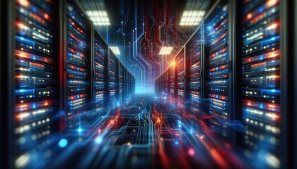 Obraz premium Futuristic Data Center Visualization: Digital AI Infrastructure with Illuminated Servers Representing Artificial Intelligence, Data Flow, Neural Networks, and Cloud Computing
