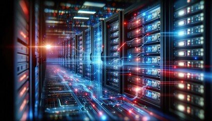 Futuristic Data Center Visualization: Digital AI Infrastructure with Illuminated Servers Representing Artificial Intelligence, Data Flow, Neural Networks, and Cloud Computing