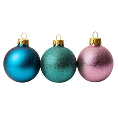 Three glittering Christmas ornaments in shades of blue, teal, and pink, hanging against a dark background, perfect for festive decorations.
