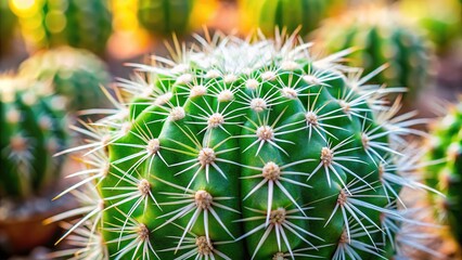 Sharp white prickles on a natural green cactus in garden