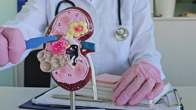 Kidney and adrenal surgery and medical surgical intervention in the hands of a doctor. The doctor holds in one hand a model of a kidney with a ureter and a scalpel surgical operation 