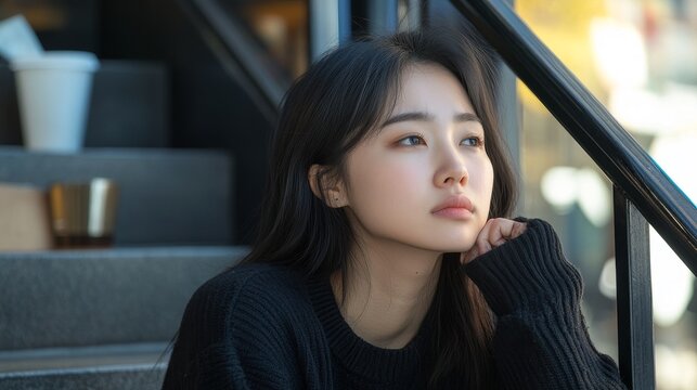 Portrait of Despair - Asian woman in late 20s sitting on coffee shop stairs, eyes closed under midday sun, realistic detailing. - Powered by Adobe
