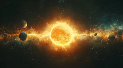 Glowing sun surrounded by planets in a cosmic space setting for celestial and astronomical concepts