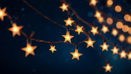 holiday illumination and star shaped Christmas string lights on beautiful night background with golden lights
