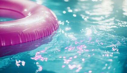 Pink inflatable ring floating in a blue pool. (1)