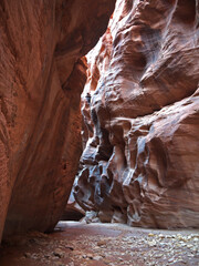 Walking between narrow rippled red rock sandstone canyon walls in Buckskin Gulch