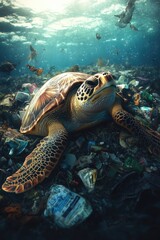 Fototapeta premium Turtle on Trash Pile