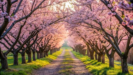 Scenic pathway with blooming apricot blossoms and cherry trees