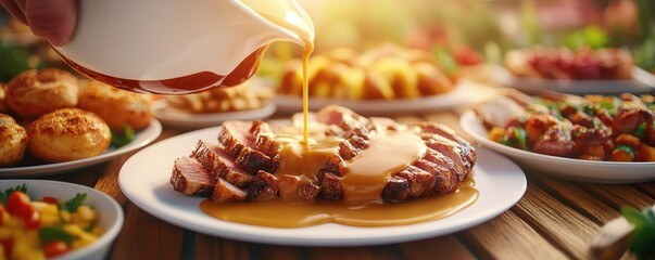 Delicious Roasted Meat and Vegetables Drizzled with Festive Gravy, Perfect for a Holiday Feast, Warm, Rich, and Flavorful, Enjoy the Season's Best Meal with Family and Friends