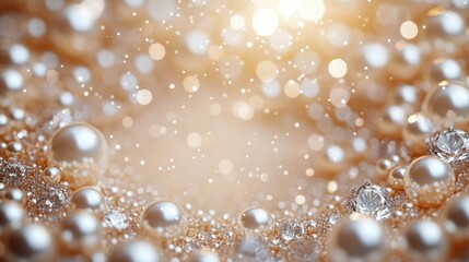 Sparkling pearls and diamonds create a mesmerizing display of elegance and luxury against a shimmering golden backdrop