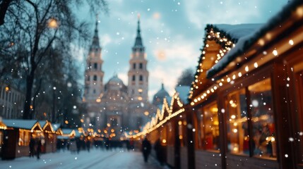 Obraz premium Enchanting Winter Wonderland Snow Falling Gently Over a Christmas Market, Transforming It Into a Magical Festive Scene The Lights Twinkle, The Air Is Crisp, And The Joy Is Contagious Capture The