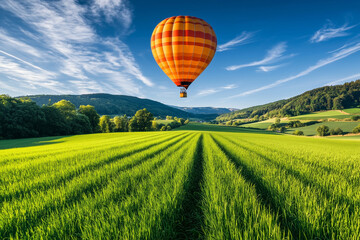 Fototapeta premium Hot Air Balloon Soaring Over Lush Green Field