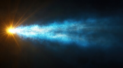 Fototapeta premium A brilliant blue and golden beam of light pierces through a dark space, illuminating the surrounding mist in an ethereal display