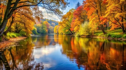 Fototapeta premium Scenic river with autumn foliage on banks from a unique perspective