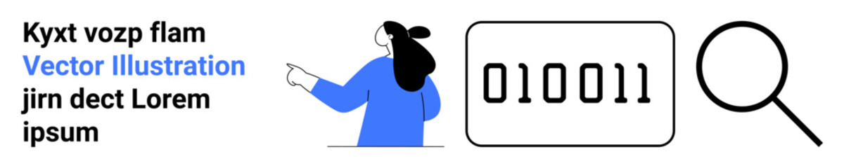 Woman in blue pointing at binary code with magnifying glass. Ideal for technology, coding, data analysis, information search, and binary language. Banner for landing page