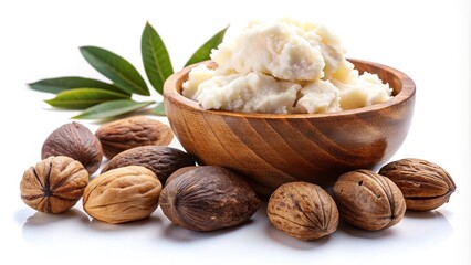Shea butter and shea nut isolated on white background cut out Aerial