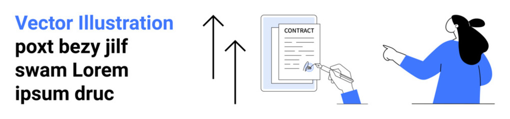 A hand signing a contract document while a woman points at the contract. Two upward arrows symbolize progress. Ideal for business, contracts, agreements, documentation, and progress. Banner