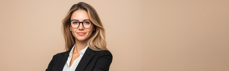 Fototapeta premium Confident Businesswoman in Professional Attire Against a Neutral Background