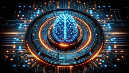 Futuristic Artificial Intelligence Brain Design on Circular Platform: Showcasing AI Learning, Neural Networks, Data Flow, and Digital Innovation with Neon Blue and Orange Accents