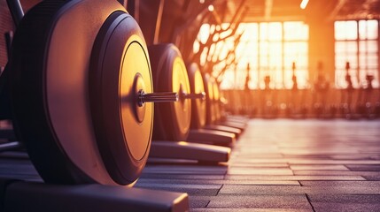 A close-up view of weights in a gym, illuminated by warm sunlight, emphasizing fitness and strength training.