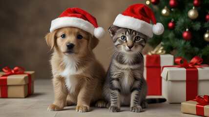 Kitten and puppy with Christmas hat and gifts