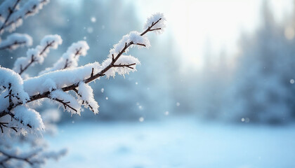 Obraz premium Snow is falling on pine tree branches that are covered with fresh snow. Blue winter christmas nature background frame. Snow covered fir branches, snowdrift against defocused blurred forest and falling