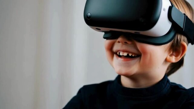 Joyful Child Wearing VR Headset, Immersed in Exciting Virtual Reality Experience with Big Smile