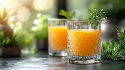 Fototapeta premium Refreshing citrus cocktails garnished with fresh herbs, set on a rustic table in a sunlit kitchen