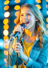 Teenage girl singing into a microphone, performing on a stage with bright lights