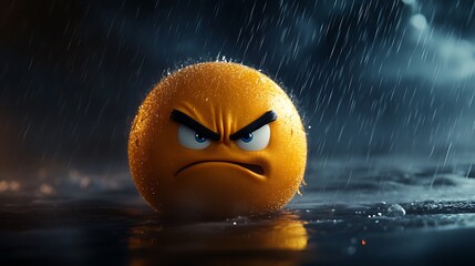 An angry yellow emoji is caught in a downpour of rain. The water drops are falling in the background.