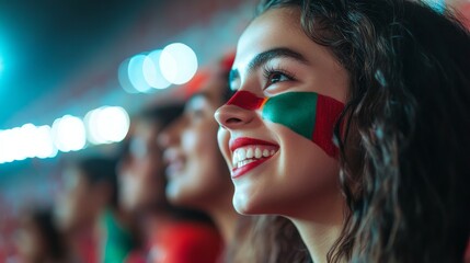 Enthusiastic Young Woman with Portugal Flag Face Paint Watching Game at Stadium with Friends under Soft Evening Lights