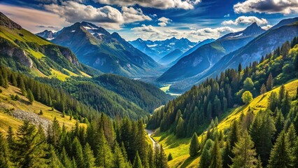 Scenic valley with mountains and forest ideal for trekking tourism