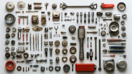 A diverse collection of mechanical tools and components arranged artfully on a workbench with natural lighting, showcasing craftsmanship and utility