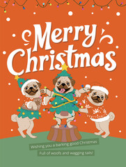Merry Christmas and Happy New Year Greeting Card, poster Template. Cute cartoon pugs in Christmas Costumes with Festive Message