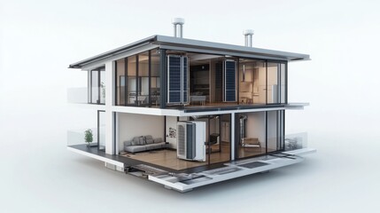 Modern architectural design of a stylish two-story house showcasing innovative living spaces with large windows and open interiors