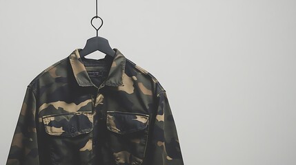 A green, brown, and black camo patterned button up shirt hangs on a black hanger against a white background.