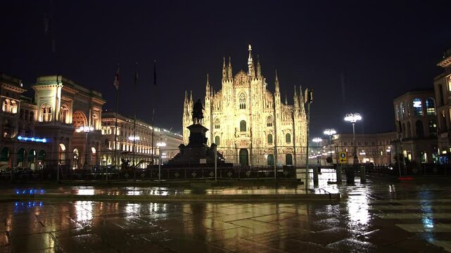  Night landscape on the Milan Cathedral in the rain.