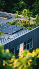 Obraz premium Modern Sustainable Building with Solar Panels and Green Roof