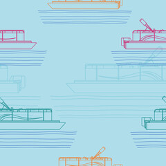 Editable Outline Style Side View Pontoon Boat on Calm Water Vector Illustration as Seamless Pattern for Creating Background of Transportation or Recreation Related Design