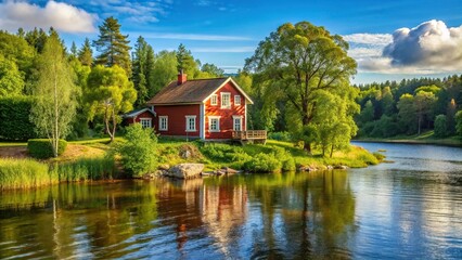 Fototapeta premium Scenic view of a house on a river bank in the Swedish countryside