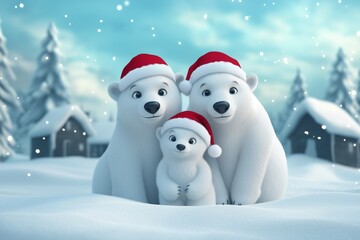 Fototapeta premium Cute Polar Bear Family in Christmas theme, this is animation or cartoon style.