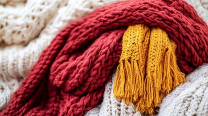 A cozy arrangement of knitted scarves in warm colors, perfect for winter warmth.