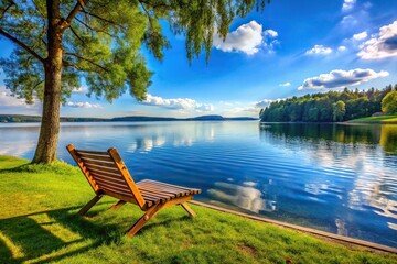 Fototapeta premium Scenic view of a tranquil relaxation spot next to a serene lake
