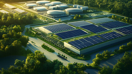 Aerial view of a large-scale data center powered by sustainable energy with solar panels on the roof, surrounded by greenery